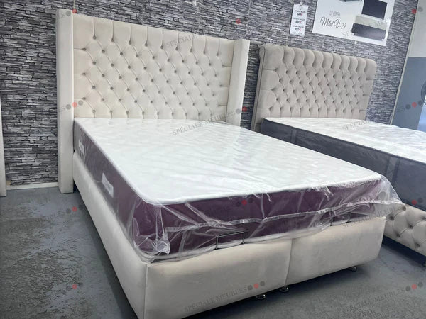 Lit Coffre BIANCA Velours Blanc Cassé